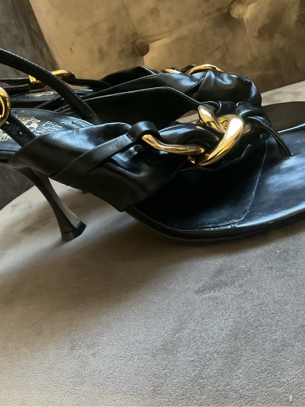 Vince Camuto Black Leather Slingback Heels with Gold Chain Accent - Picture 4 of 5